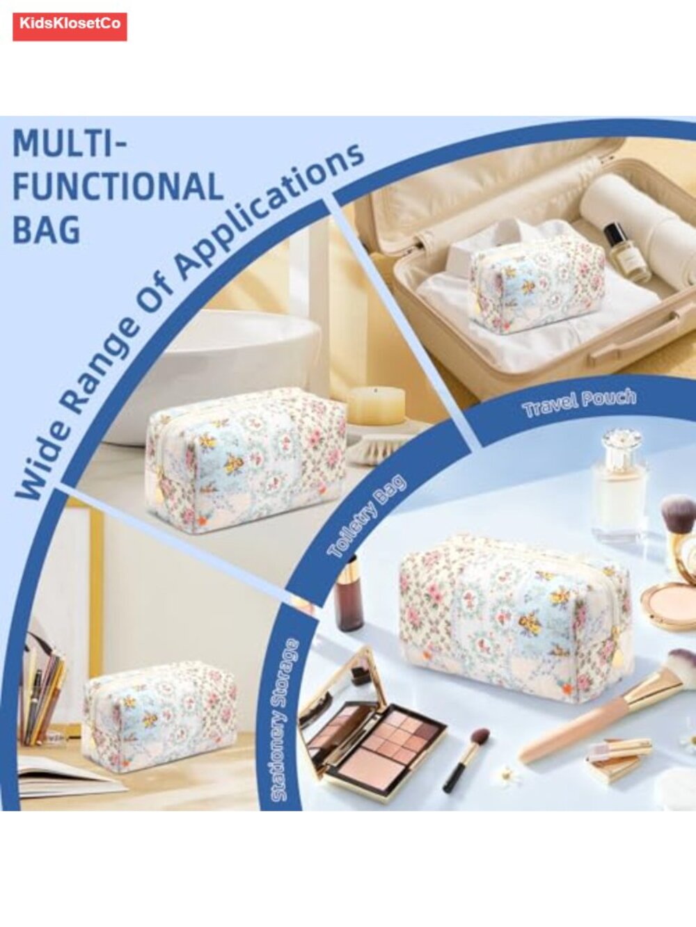 Quilted Cosmetic Bag Small Travel Toiletry Pouch Cotton Makeup Bag Zipper - Picture 2 of 6
